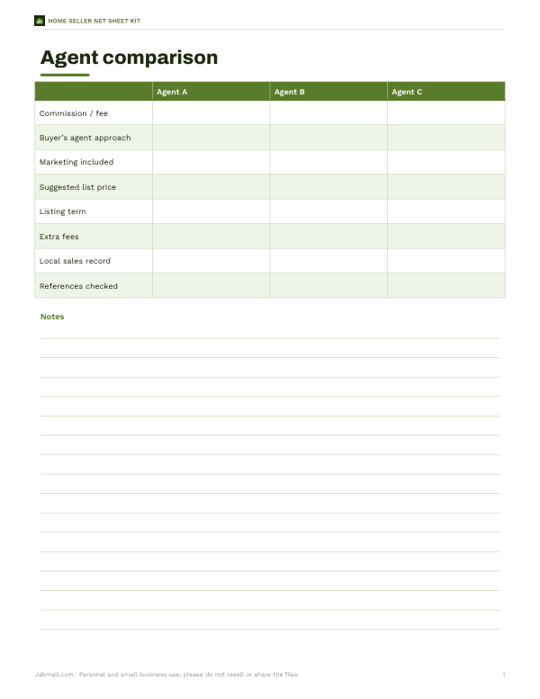 Preview of Printable Real Estate Agent Comparison Sheet