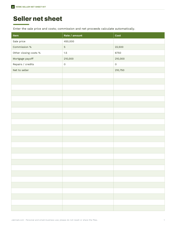 Preview of Printable Real Estate Net Sheet